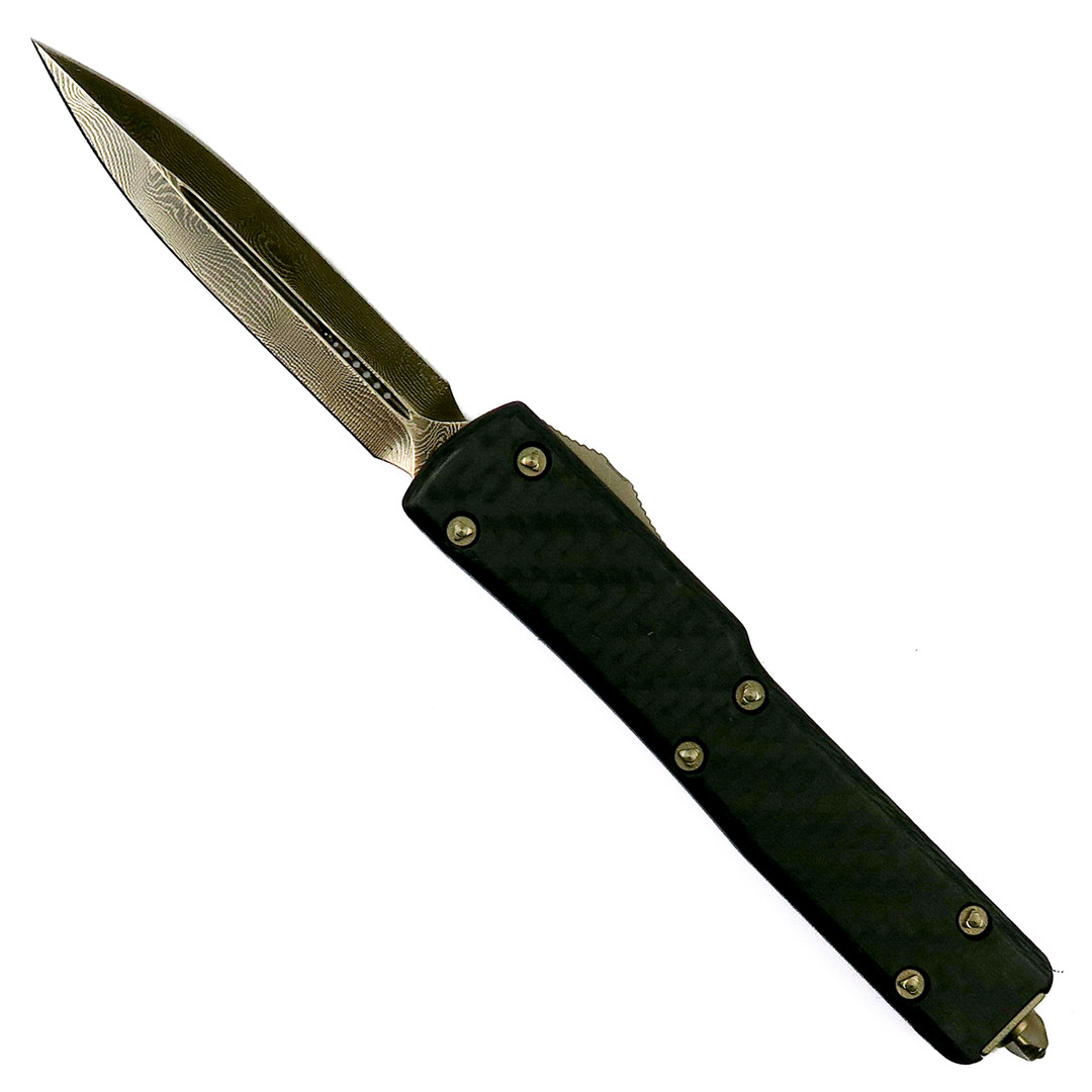 Microtech Signature Series Carbon Fiber UTX-70 Dagger OTF Auto Knife, Bronzed Damascus Blade