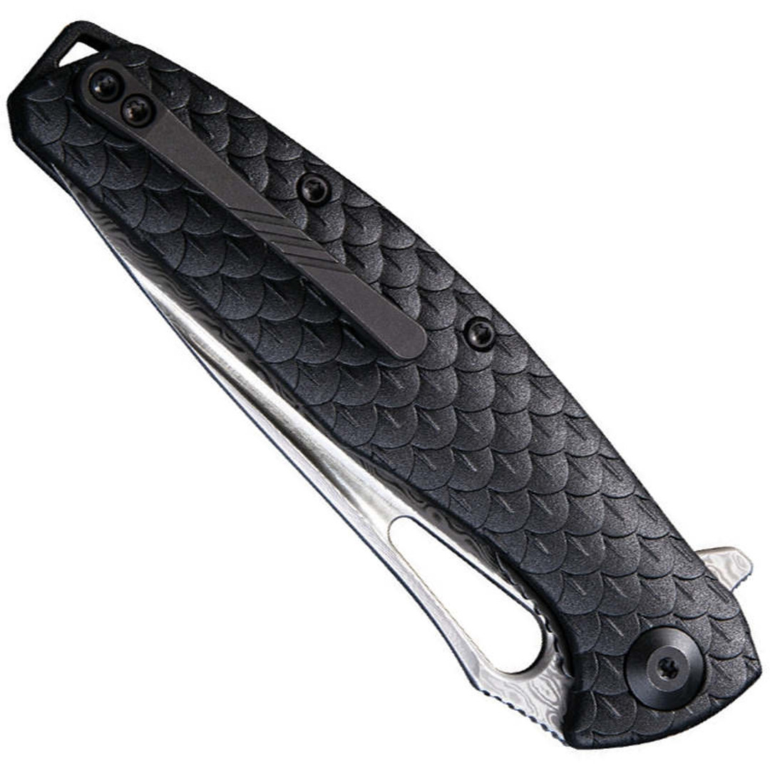 CIVIVI Black  Wyvern Flipper Knife, Damascus Blade, Clip View