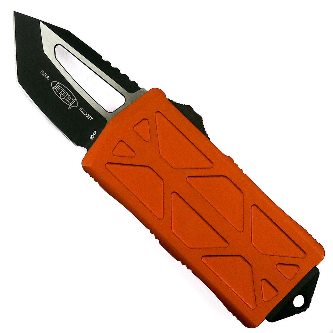 Microtech Orange Exocet OTF Auto Knife, Tanto Black Blade