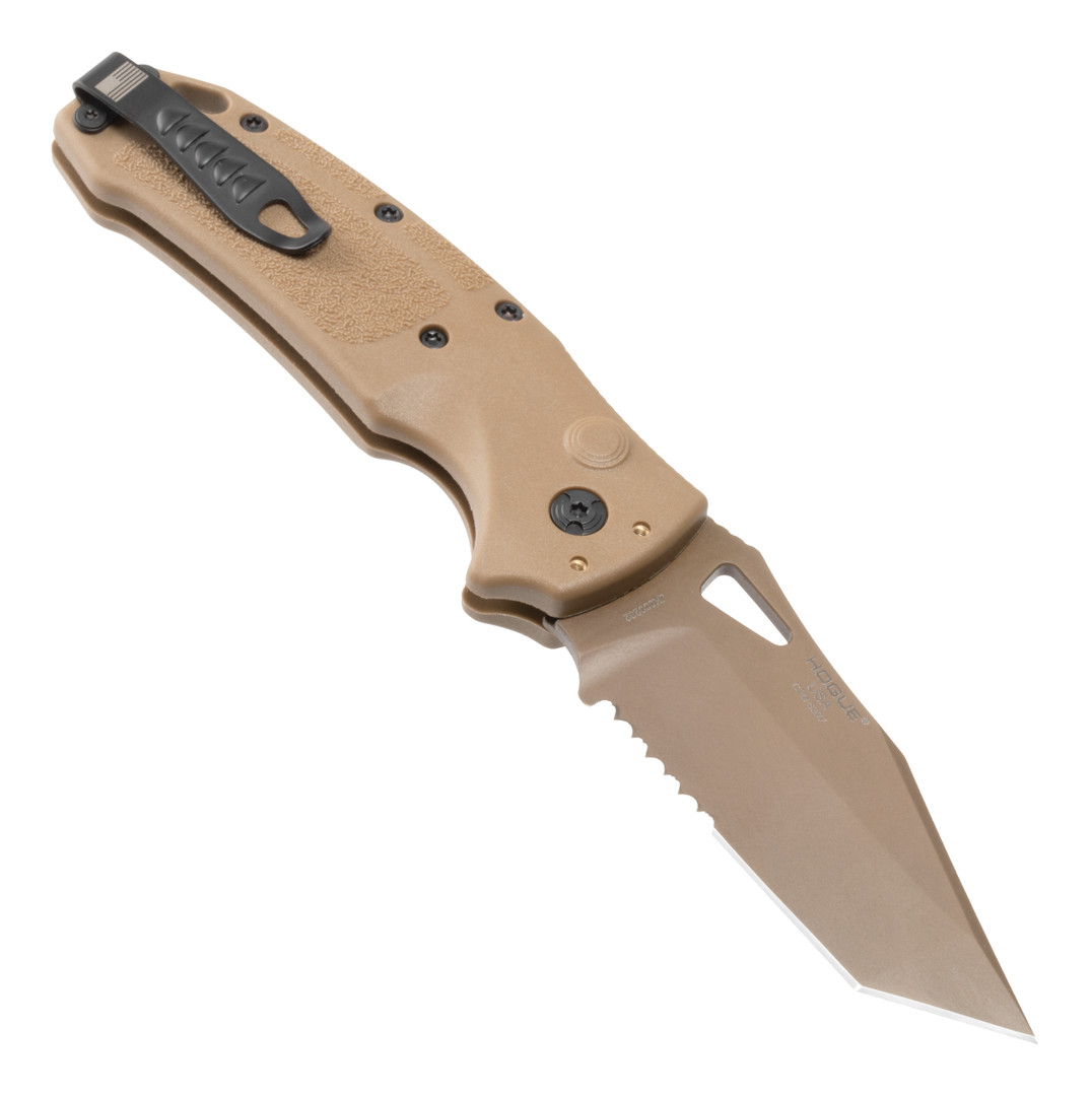 SIG Sauer Knives Coyote Brown K320A Auto Knife, Tanto Combo Blade, Clip View