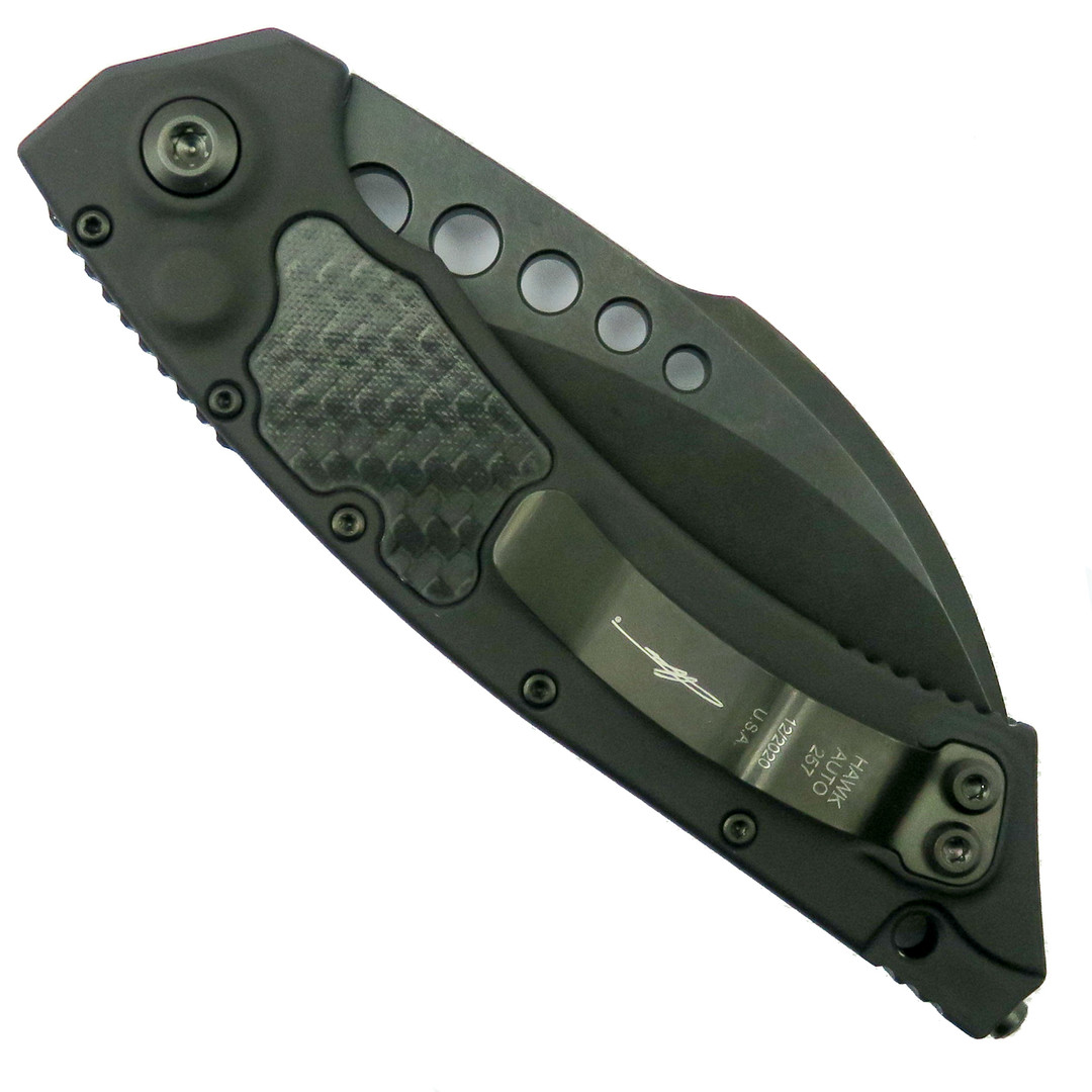 Microtech Signature Series Carbon Fiber Hawk Auto Knife, DLC Blade, Clip View