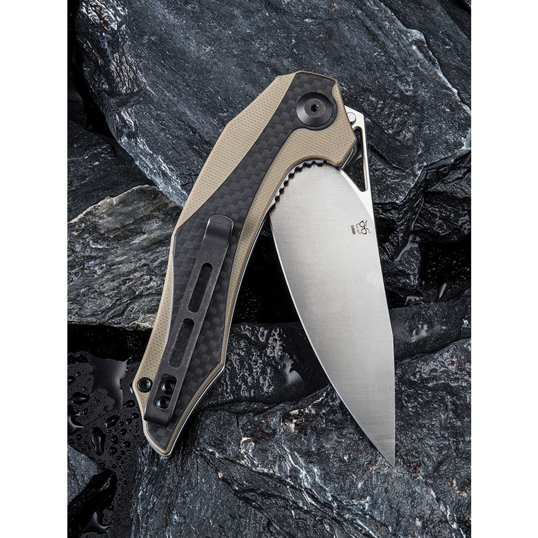 CIVIVI Tan G10/Carbon Fiber Plethiros Flipper Knife, Satin D2 Blade, Clip View