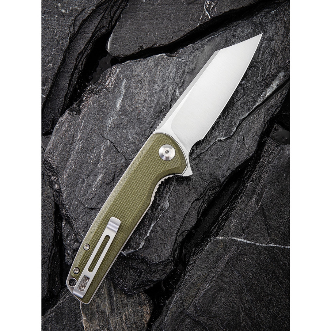 CIVIVI Green G10 Brigand Flipper Knife, Satin D2 Blade, Clip View