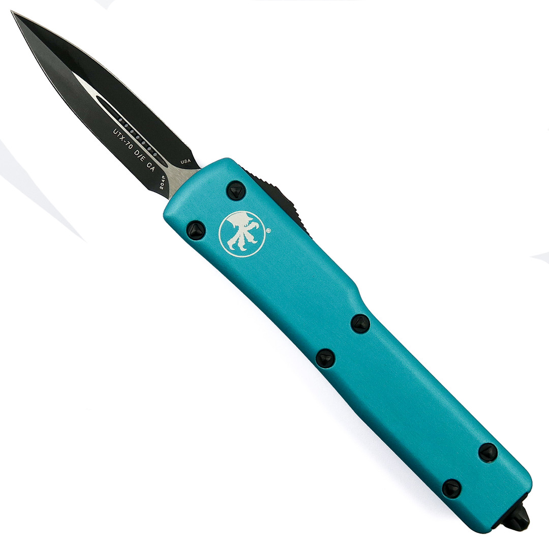 Microtech Turquoise CA Legal UTX70 OTF Knife, Black Dagger Blade