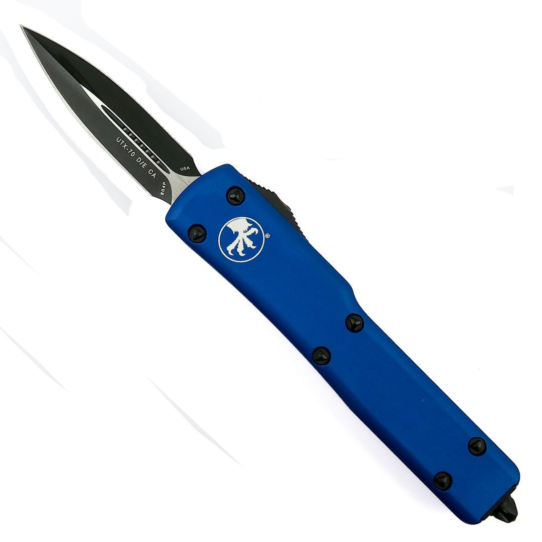 Microtech Blue CA Legal UTX70 OTF Knife, Black Dagger Blade