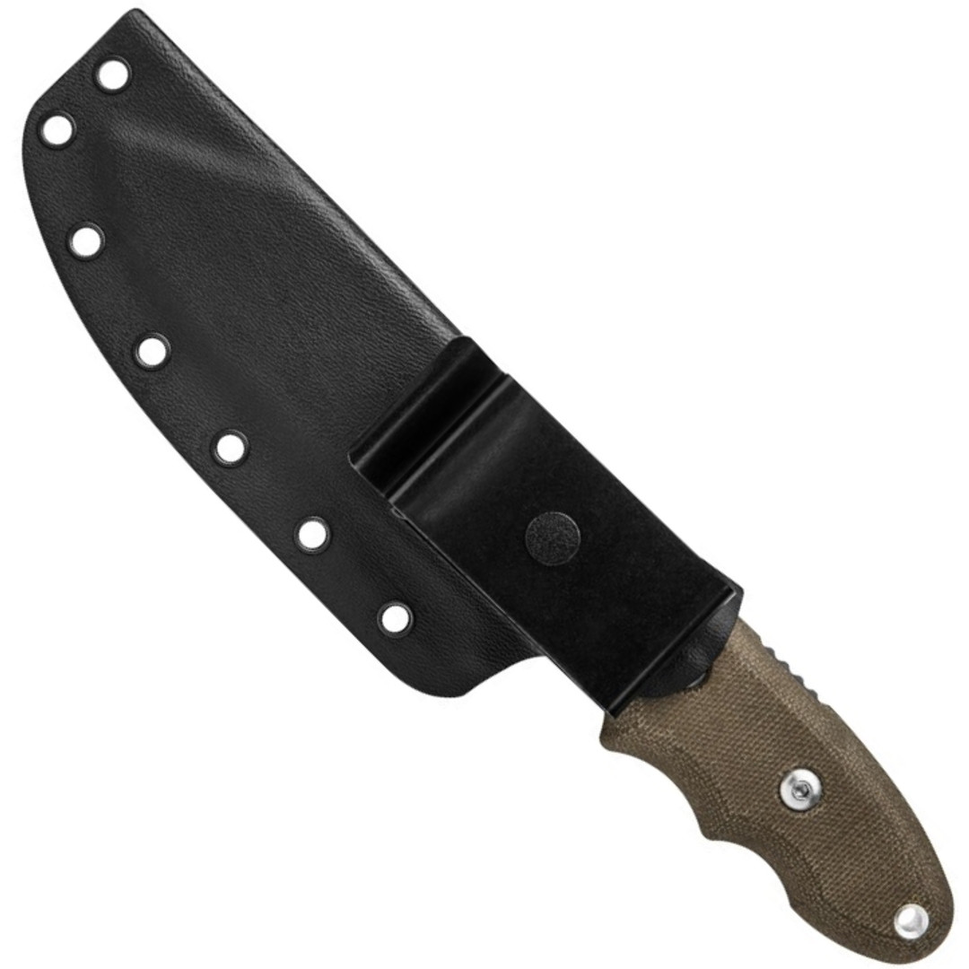 TOPS Backpacker's Bowie Fixed Blade Knife, Tumble Finish Blade, Sheath View