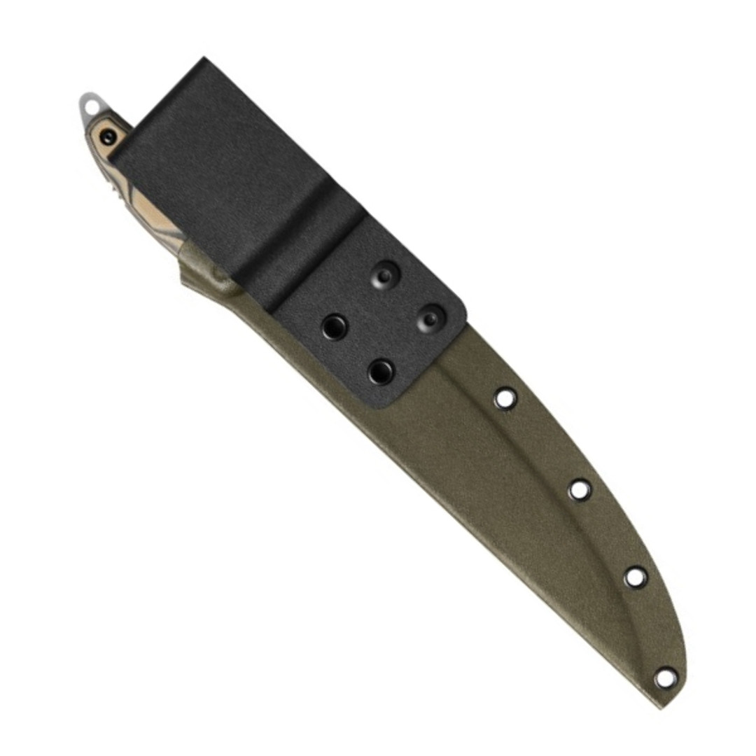 TOPS Knives Filet (Fillet) Knife 8 154CM Tumbled Blade, Black and Tan G10  Handles, OD Green Kydex Sheath - KnifeCenter - FIL-01