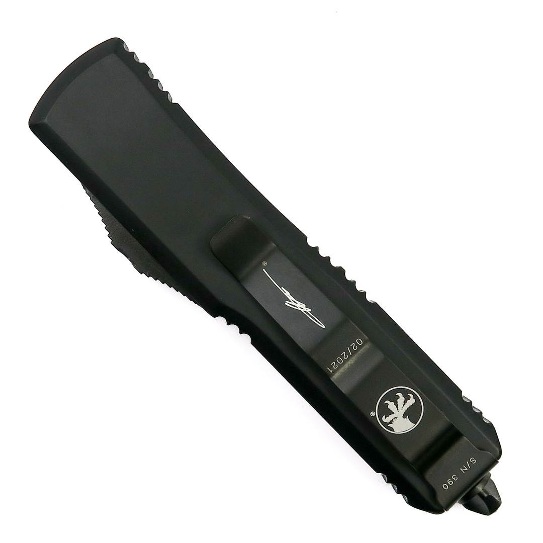 Microtech Signature Series Tactical UTX-85 OTF Auto Knife, DLC Black Dagger Blade, Clip View