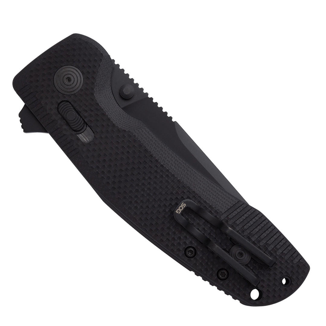 SOG-TAC XR Blackout Folding Knife, Combo Blade, clip view