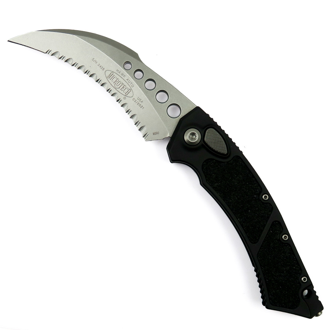 Microtech Hawk Auto Knife, Stonewash Serrated Blade