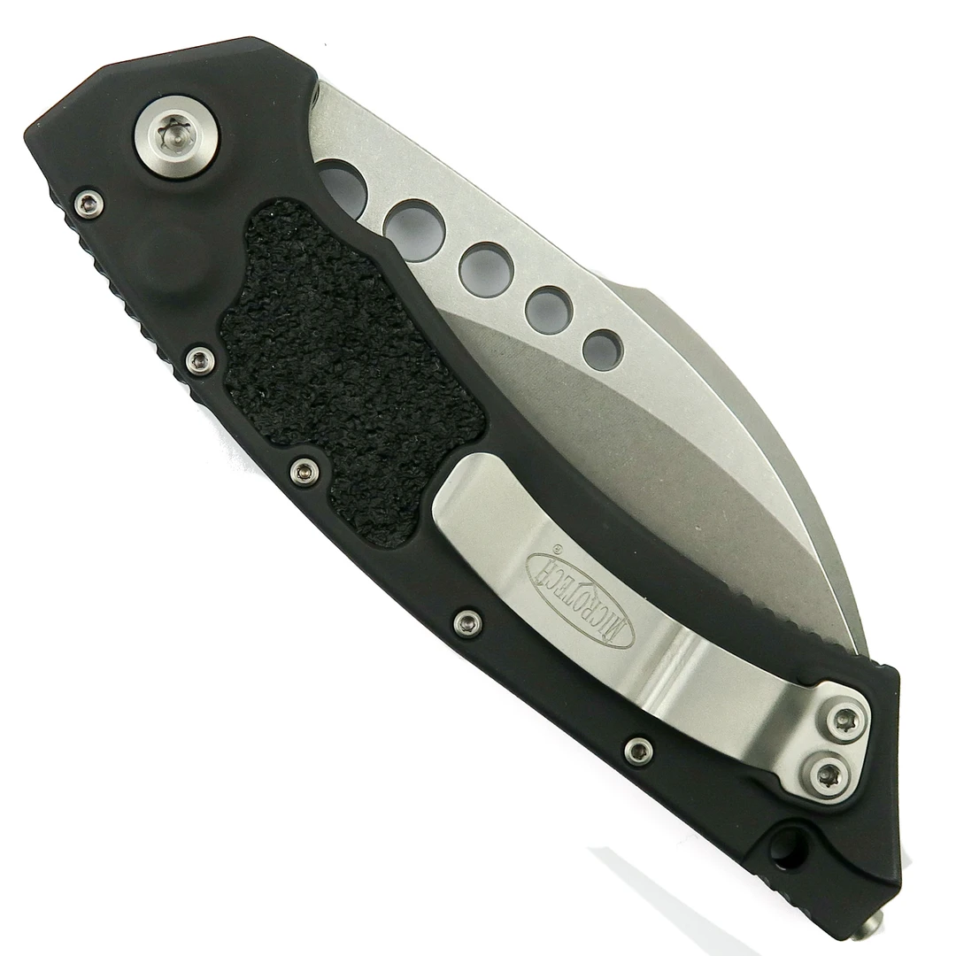 Microtech Hawk Auto Knife, Stonewash Serrated Blade, Clip View