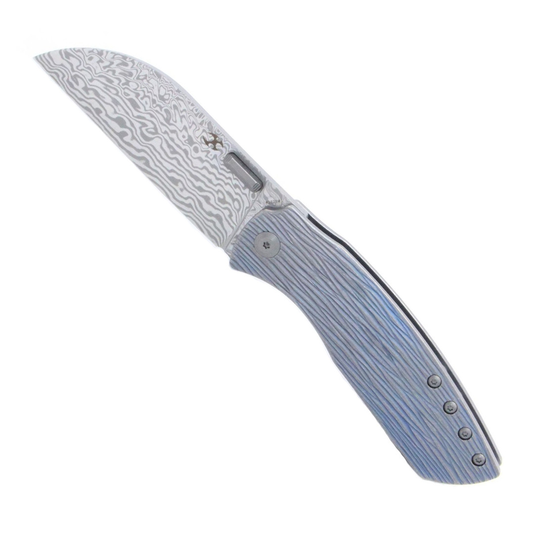 Kansept Knives Blue Anodized Woodgrain Titanium Convict Folder Knife, Damascus Blade