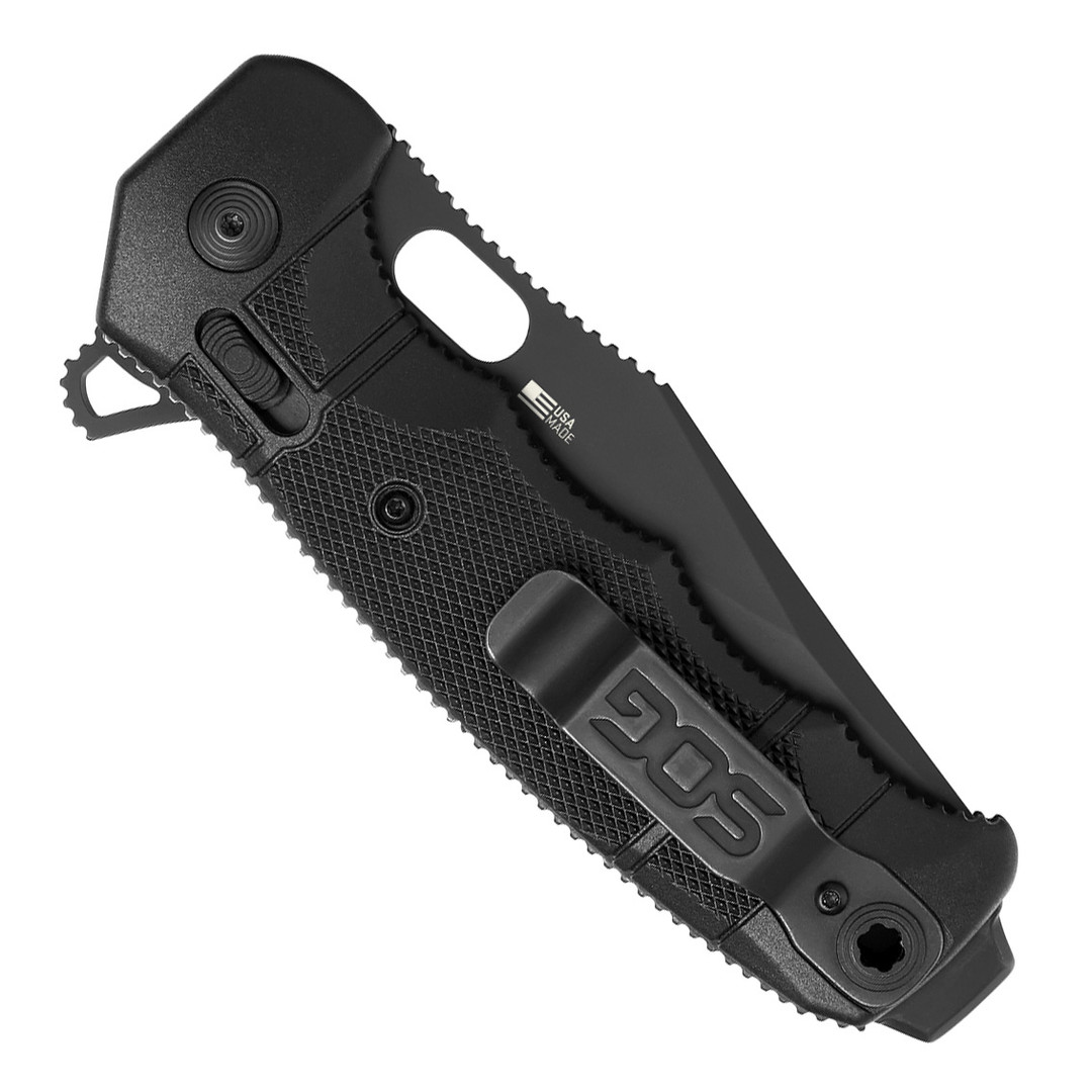 SOG Seal XR Black GRN Black TiNi Folding Knife, clip view