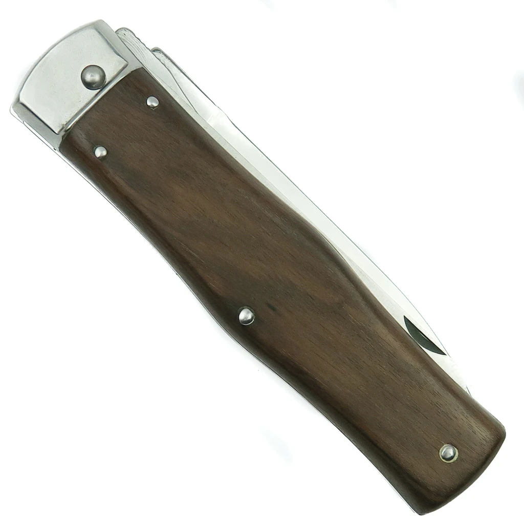 Mikov 241 Predator Rosewood Handle Leverlock Auto Knife, Single Edge Dagger with Saw Blade, Back View