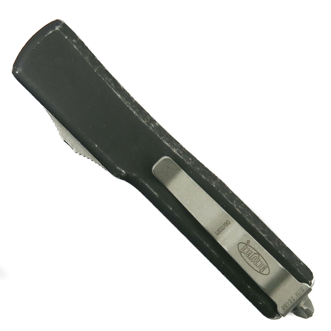 Microtech Distressed Black UTX-70 OTF Auto Knife, Stonewash Blade, Clip View