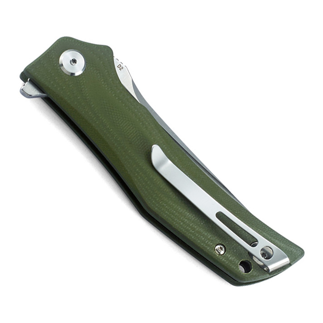 Bestech Knives Scimitar Green G10 Folding Knife, clip view