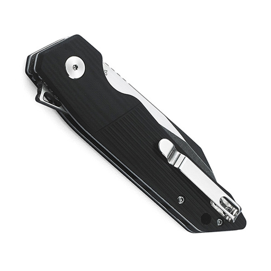 Bestech Knives Barracuda Black G10 Folding Knife, Satin/Black Stonewashed Blade, clip view