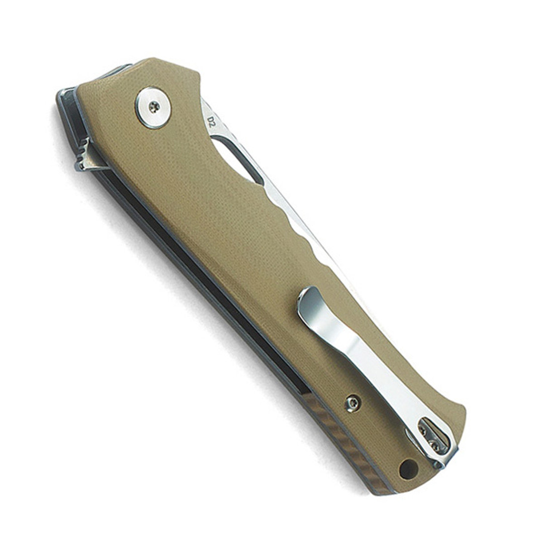 Bestech Knives Muskie Beige G10 Folding Knife, clip view