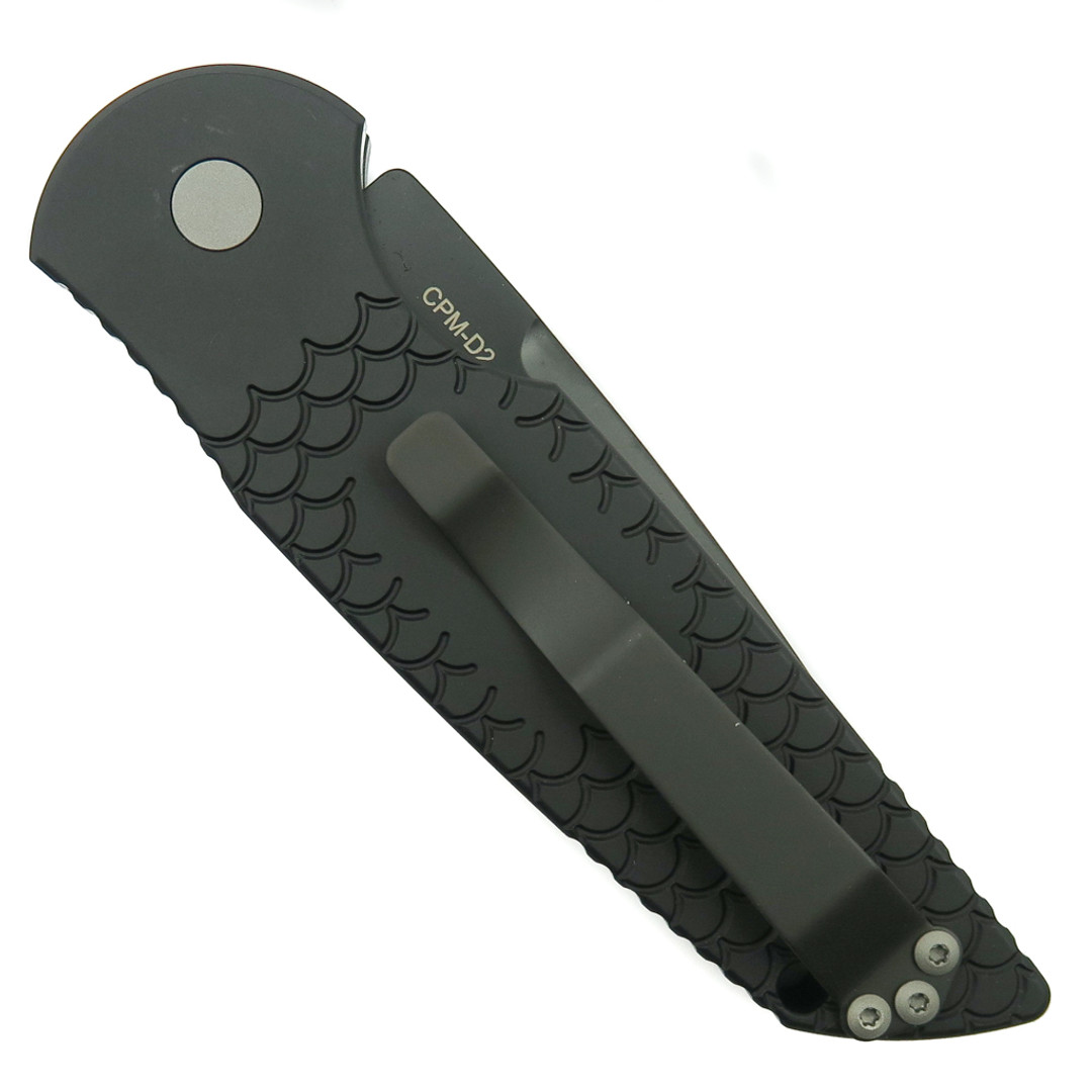 Pro-Tech TR-3 X2 Fish Scale Tactical Response 3 Auto Knife, D2 Black Combo Blade, Clip View