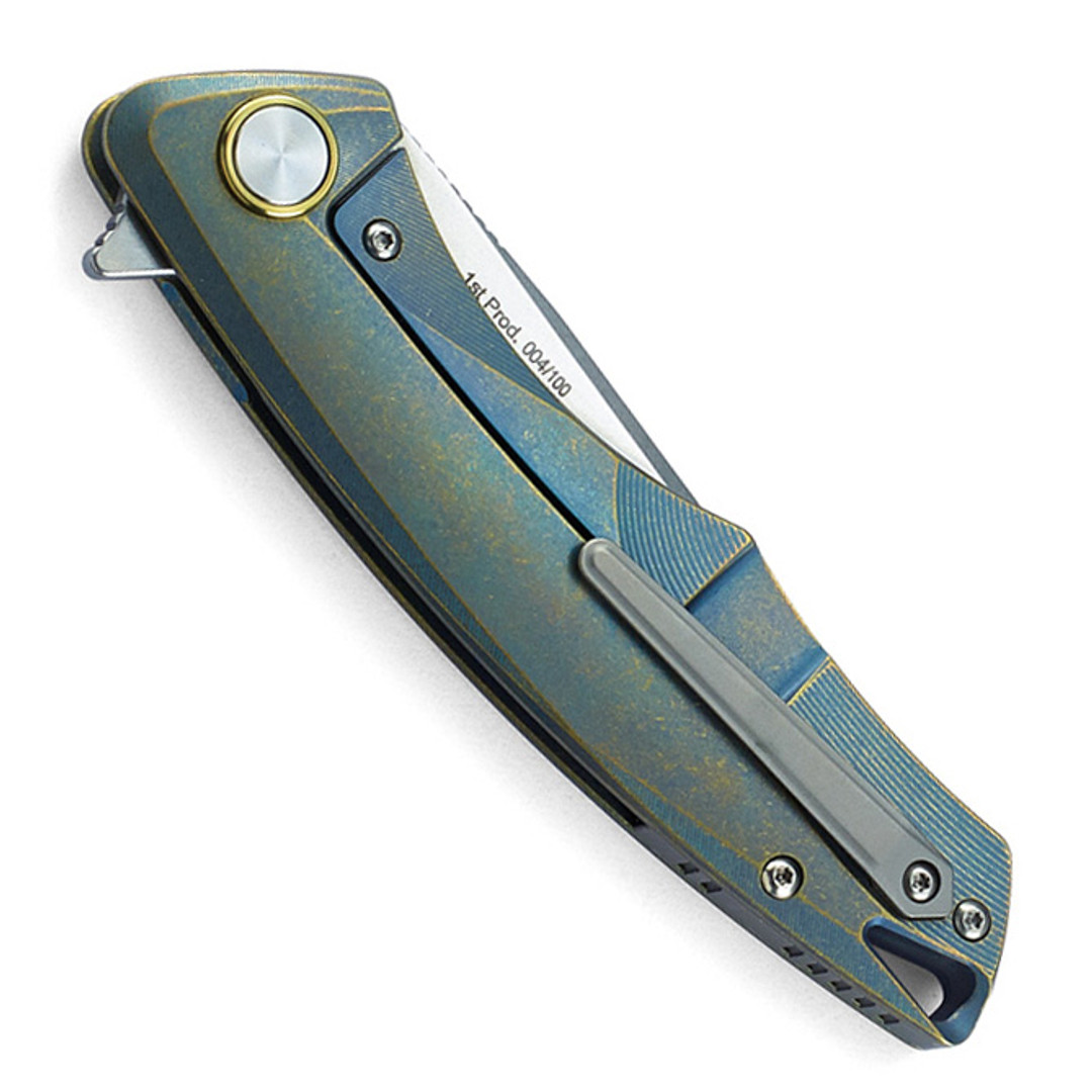 Bestech Knives Dolphin Green/Bronze Titanium Folding Knife, clip view