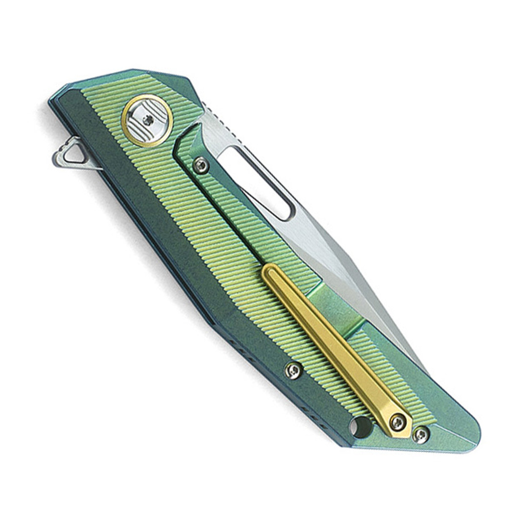 Bestech Knives Shrapnel Green Titanium Folding Knife, clip view