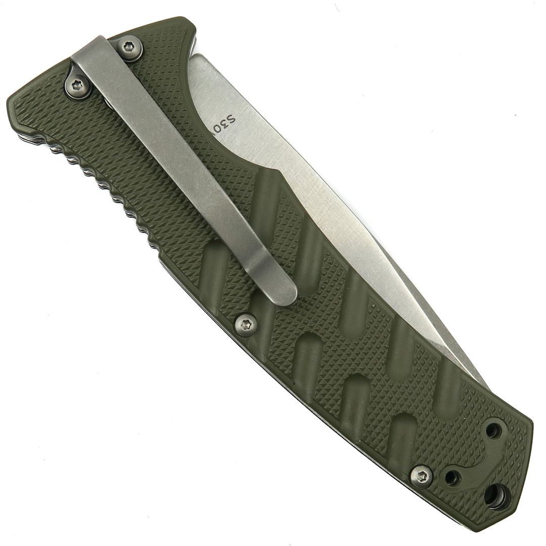 Boker OD Green Strike Auto Knife, CPM-S30V Stonewash Blade [Exclusive], Clip View