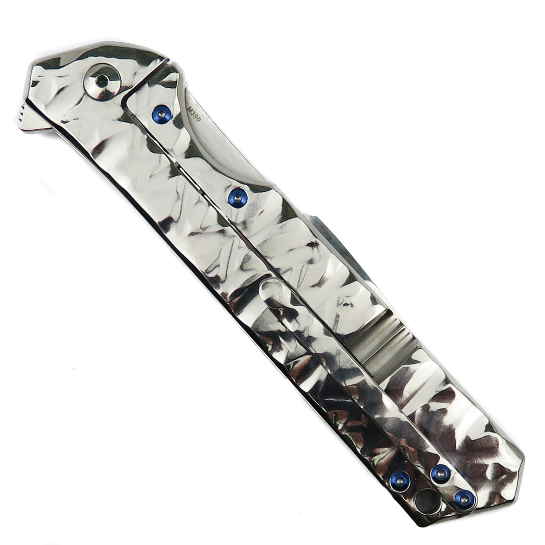 Olamic Cutlery Isolo SE High Polished Ti Rainmaker Flipper Knife, High Polish Compound Harpoon Blade, Clip View