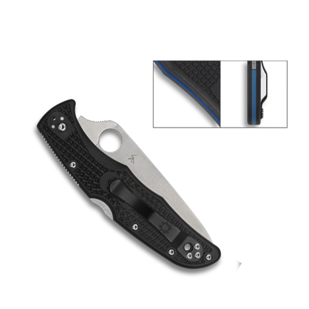Spyderco Endura 4 Thin Blue Line Black FRN Folding Knife, clip view