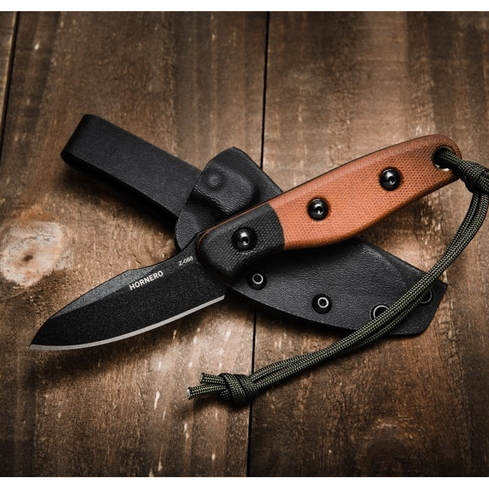 TOPS Knives Hornero Tan/Black Canvas Micarta Fixed Knife, Sheath Shot