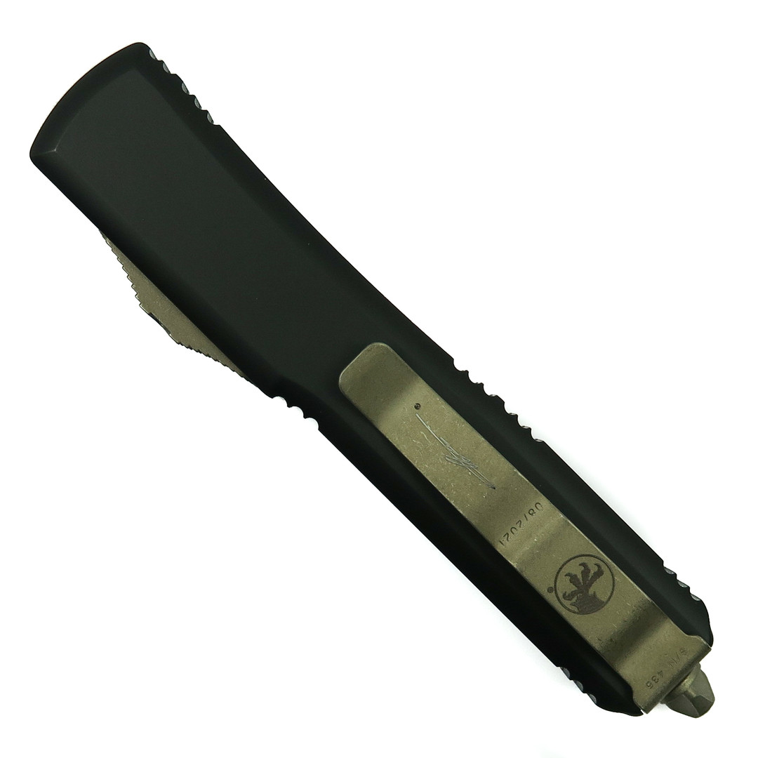 Microtech Signature Series Molon Labe Ultratech  OTF Knife, Bronze Apocalyptic Blade, Clip View
