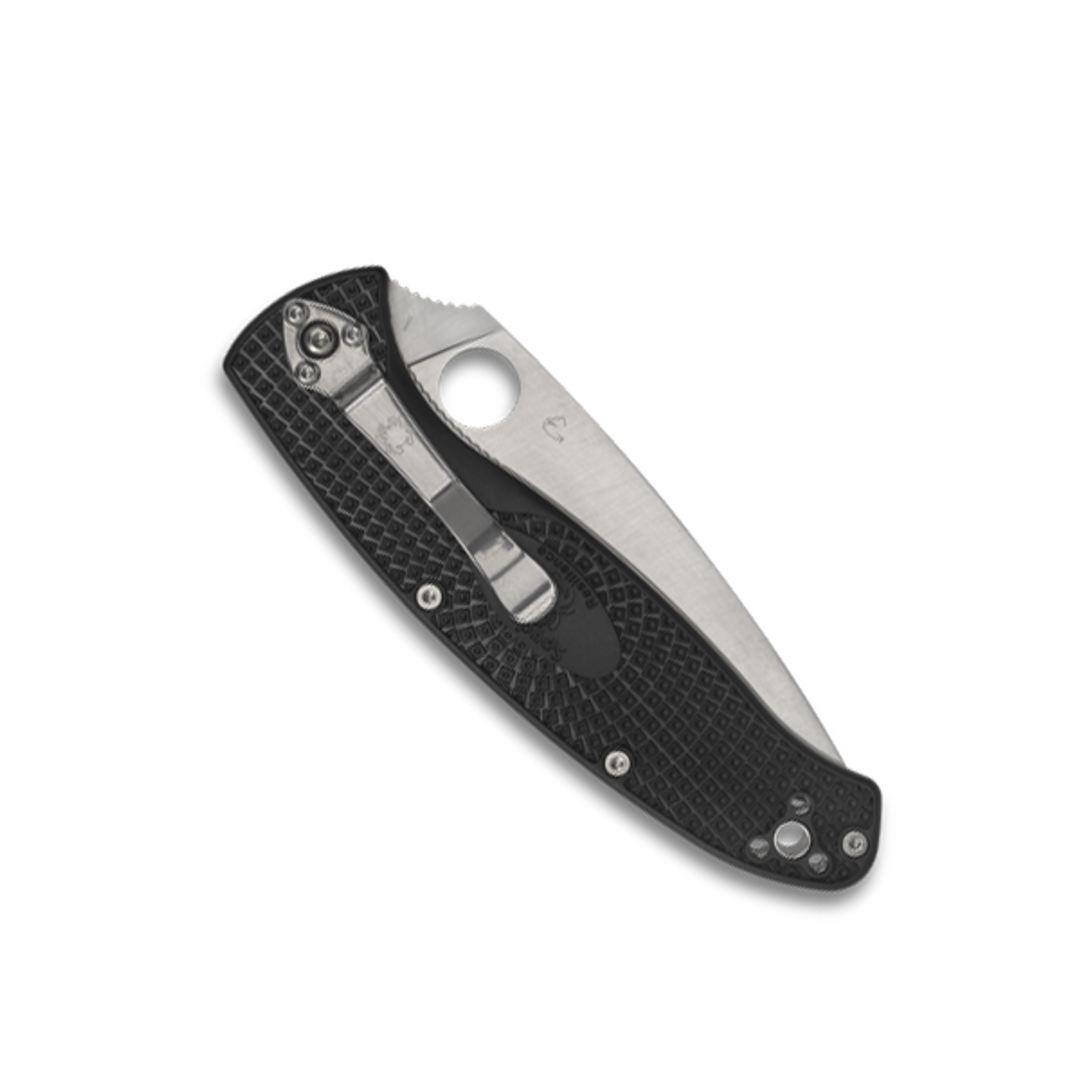 Spyderco C142PSBK Resilience Folder Knife, Silver Combo Blade, clip view