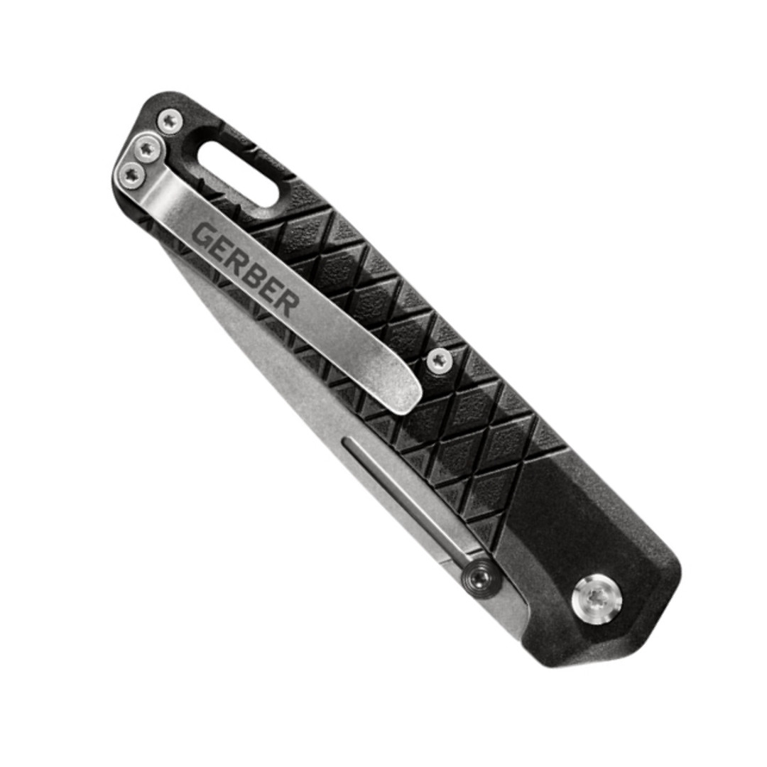 Gerber Black Zilch Folder Knife, Stonewash Blade, Clip View