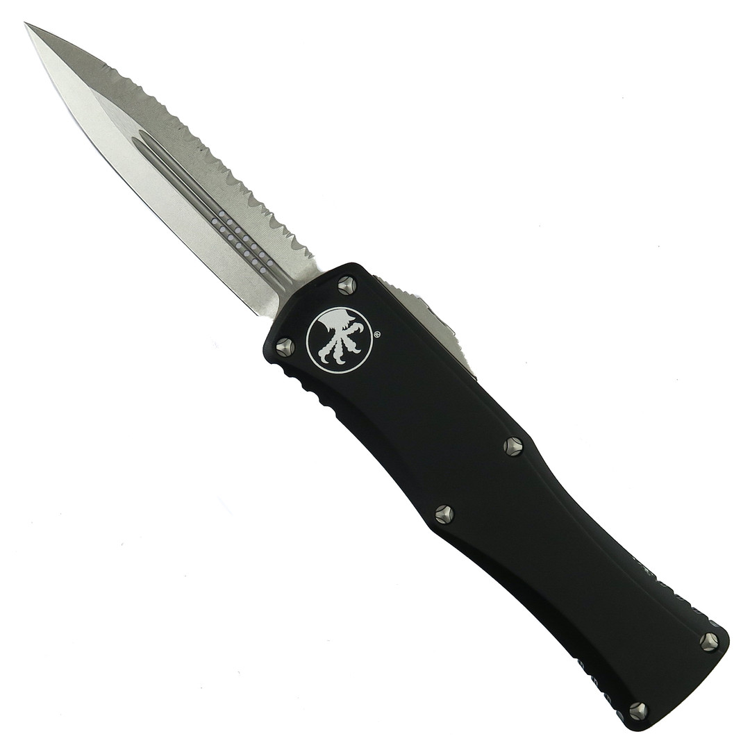 Microtech Hera OTF Knife, Stonewash Fully Serrated Dagger Blade