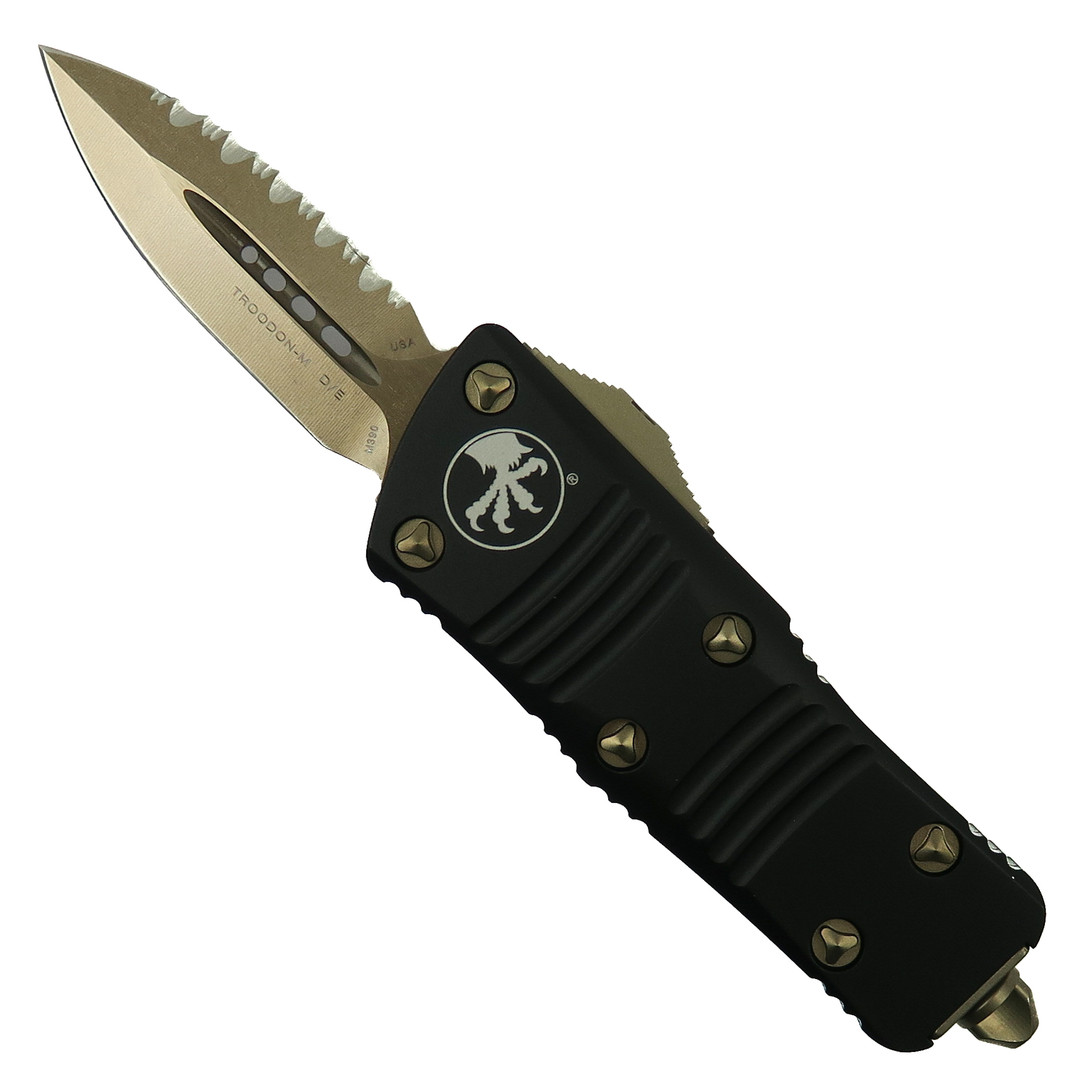 Microtech Mini Troodon CA Legal OTF Auto Knife, Bronze Serrated Dagger Blade