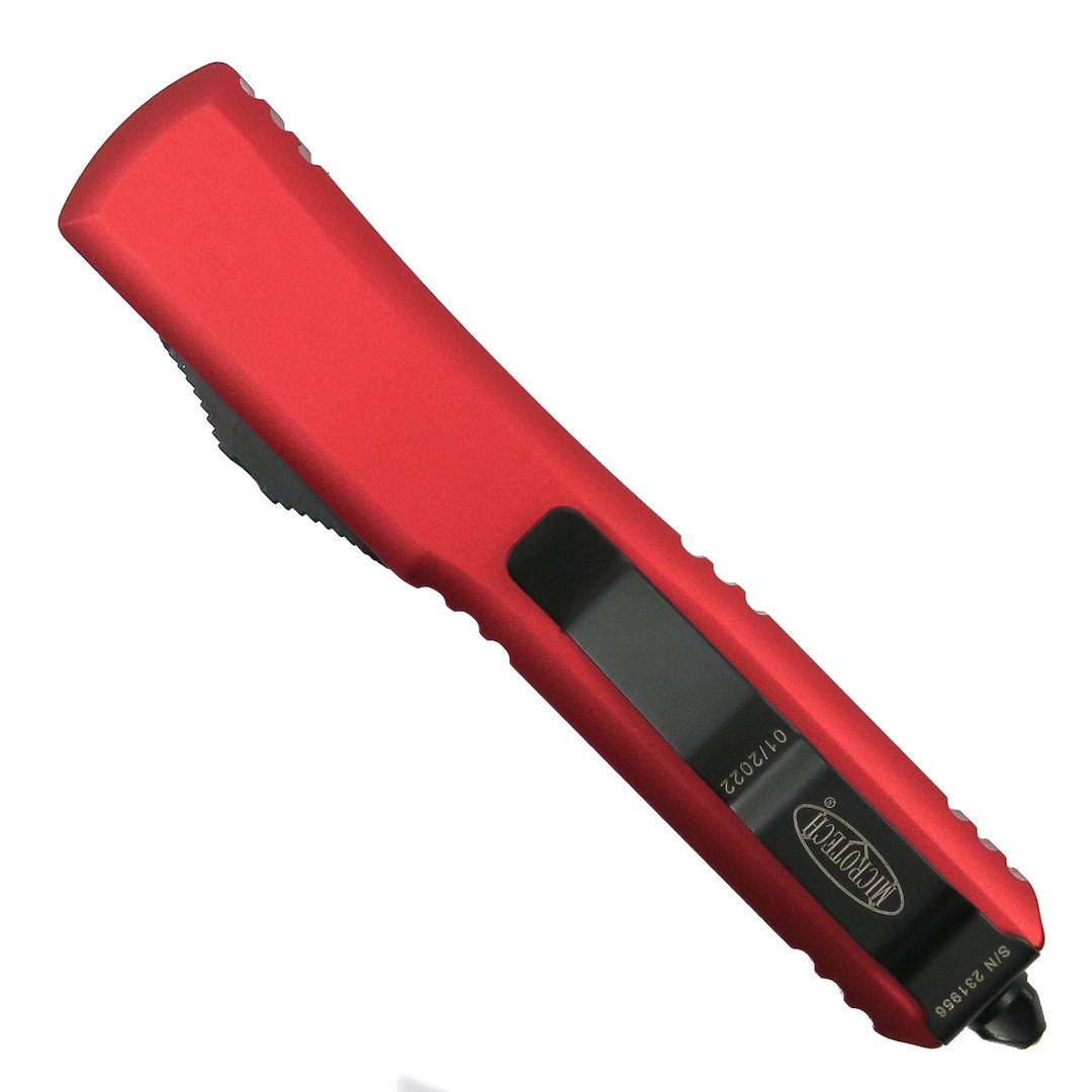 Microtech Red Ultratech OTF Knife, Black Bayonet Blade, Clip View