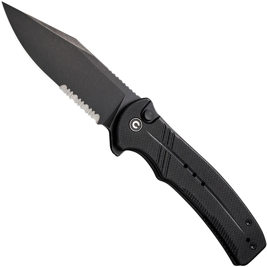 CIVIVI  Black G-10 Cogent Button Lock Flipper Knife, Clip Point Serrated Blade