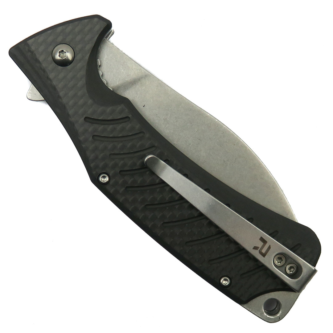 REVO Ness Liner Lock Carbon Fiber Flipper Knife, D2 Stonewash Blade, Clip View