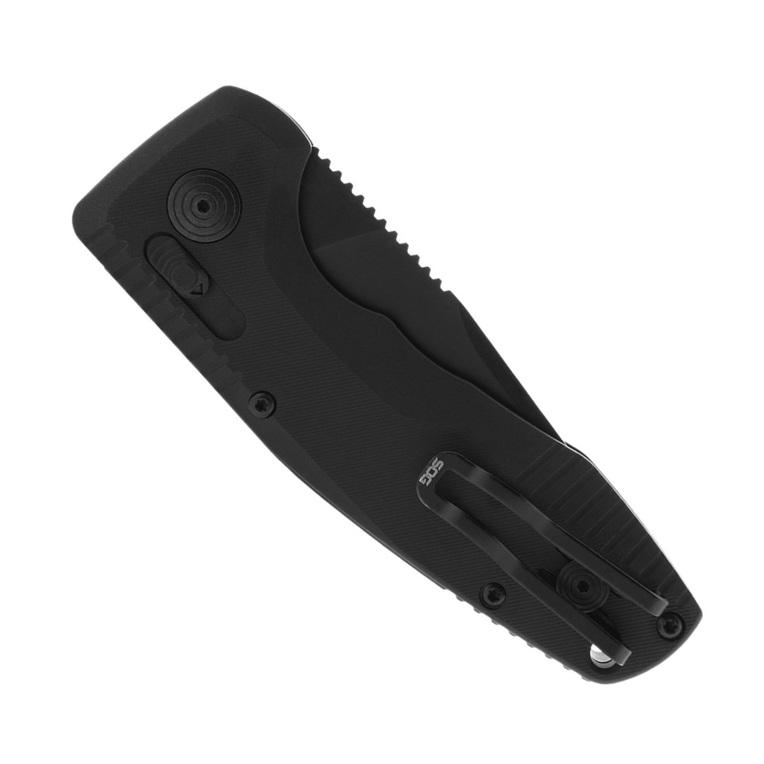SOG SOG-TAC AU Compact Straight Edge Knife, Black D2 Straight Blade clip view