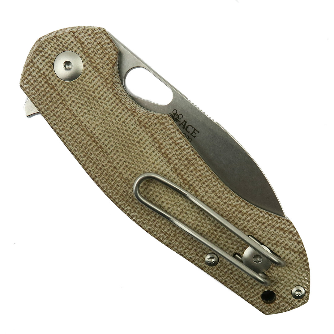 GiantMouse ACE Biblio Natural Canvas Micarta Folding Knife, Stonewash Blade, Clip View