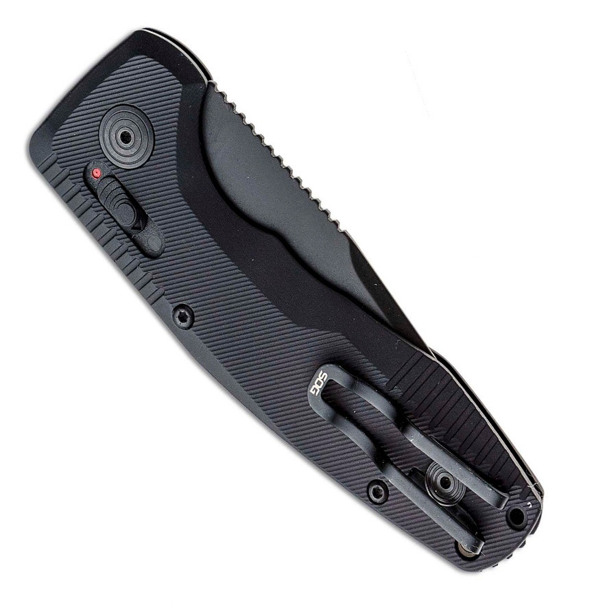 SOG SOG-TAC Mini AU Compact Straight Edge Knife, Black D2 Tanto Blade clip view