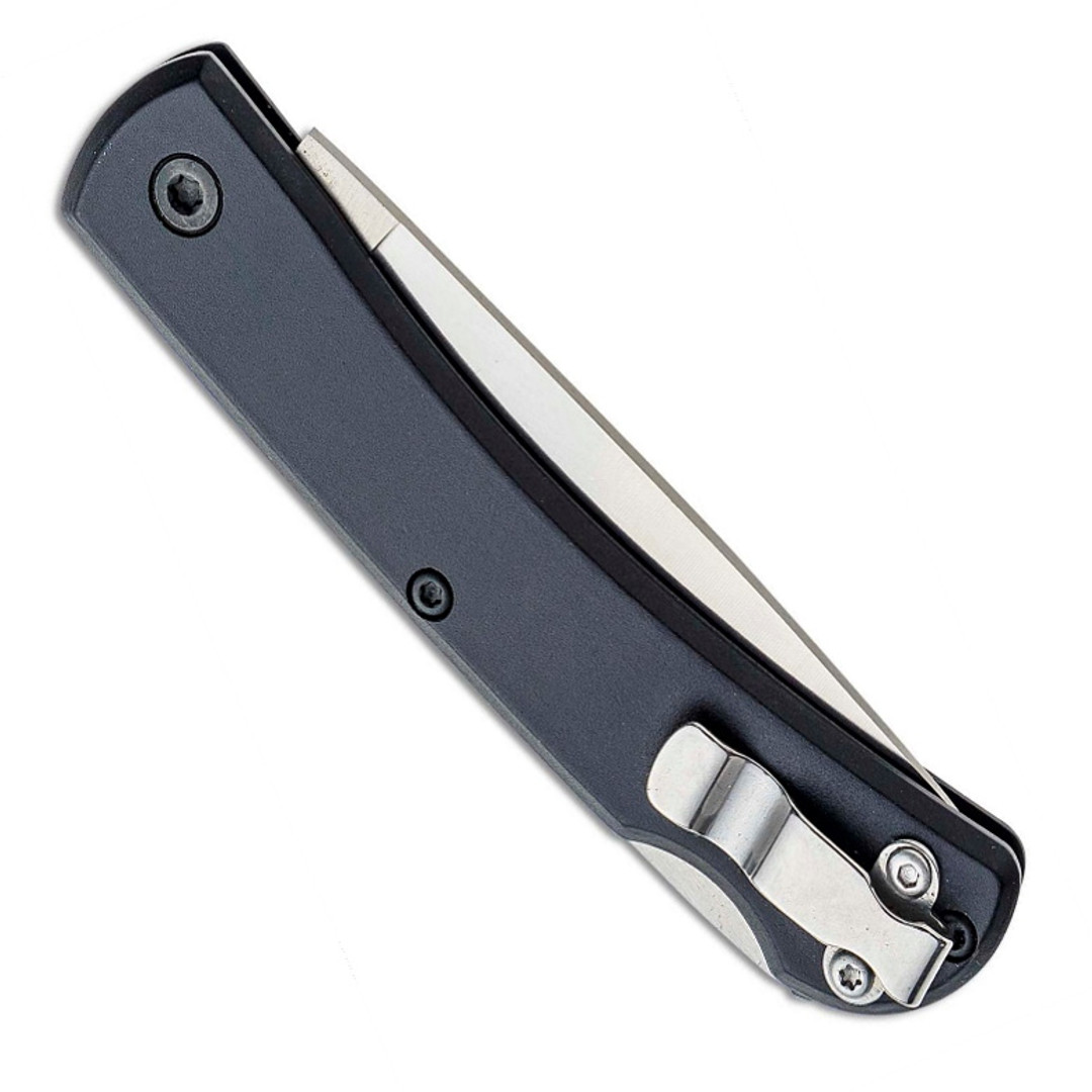 Bear & Son Black Aluminum Small Locking Farmhand Knife, Drop Point Blade clip view