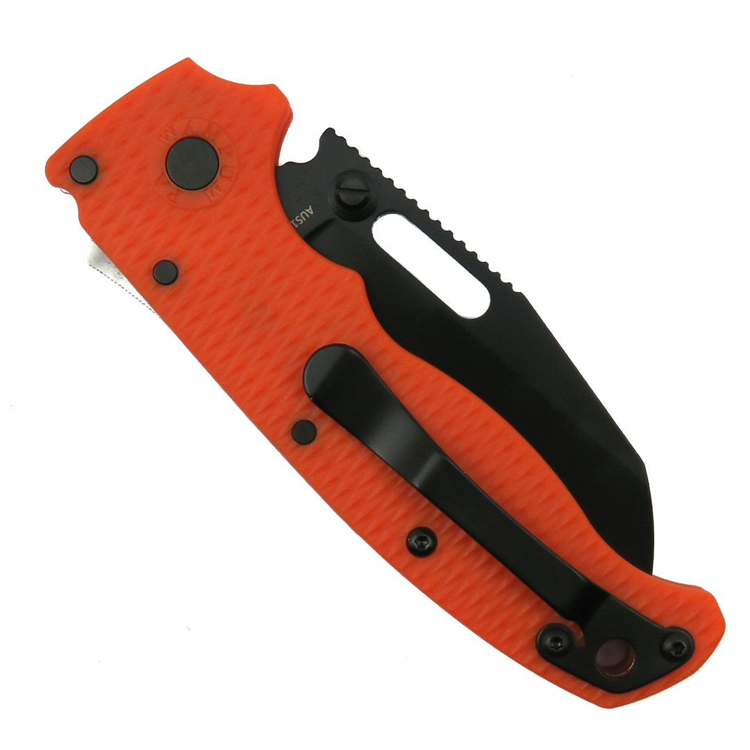 Demko Knives Orange AD20.5 Shark Lock, Black Shark Foot Blade, Clip View