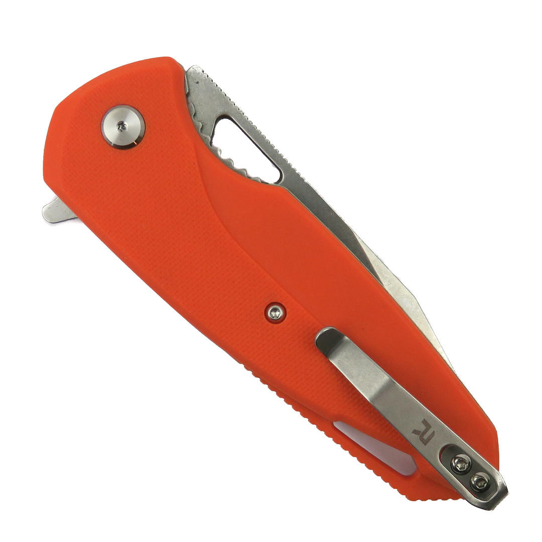 REVO Orange G-10 Vipera XL Assist Knife, Stonewash Tanto Blade, Clip View