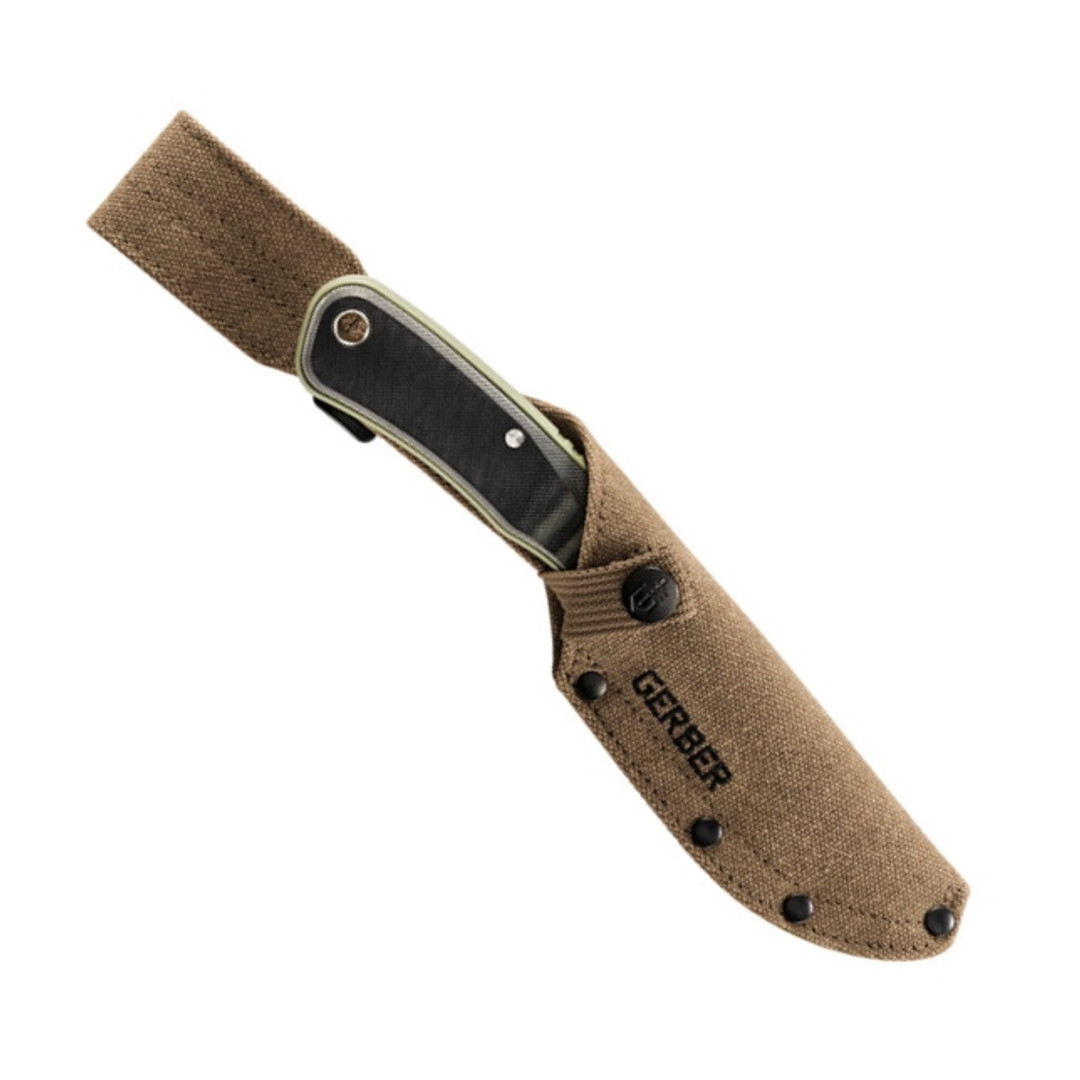 Gerber Sage Green Downwind Drop Point Fixed Blade Knife, Satin Finish Blade, sheath view