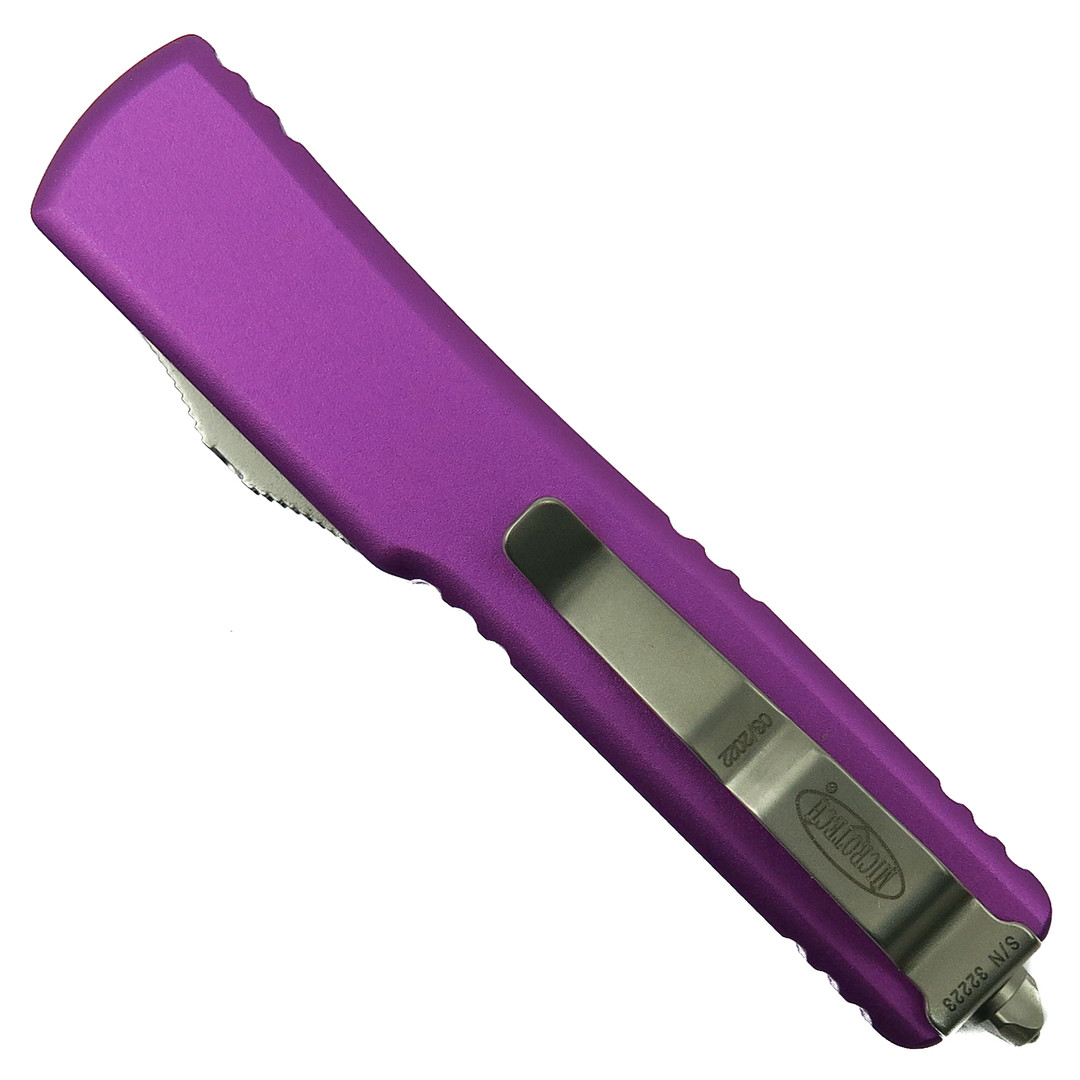 Microtech Violet UTX-70 OTF Auto Knife, Stonewash Dagger Blade, Clip View