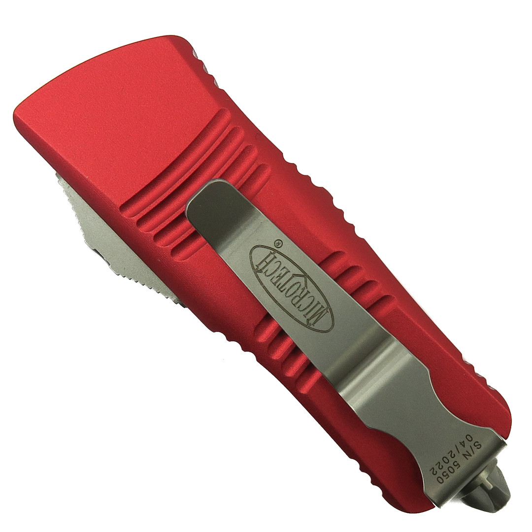 Microtech Red Mini Troodon CA Legal OTF Auto Knife, Dagger Stonewash Blade, Clip View