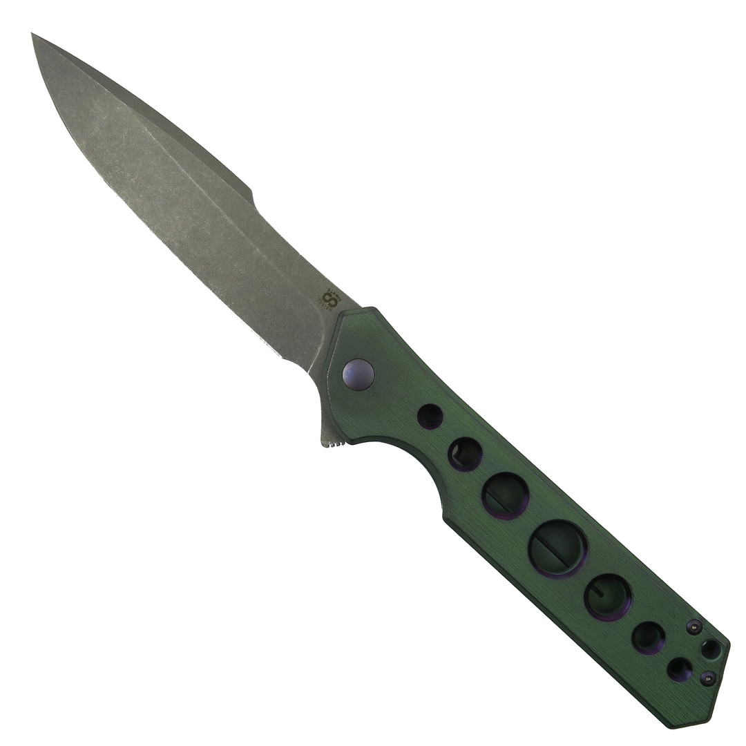 Olamic Cutlery Kinetic Rainforest Ti Rainmaker Flipper Knife, Stonewash Harpoon Blade