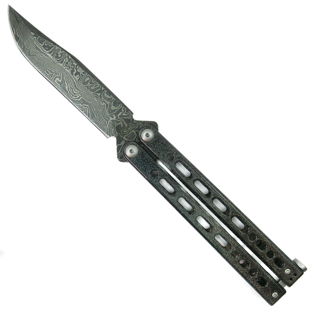 Bear OPS Bear Song VIII Galaxy Butterfly Knife, Damascus Clip Point Blade