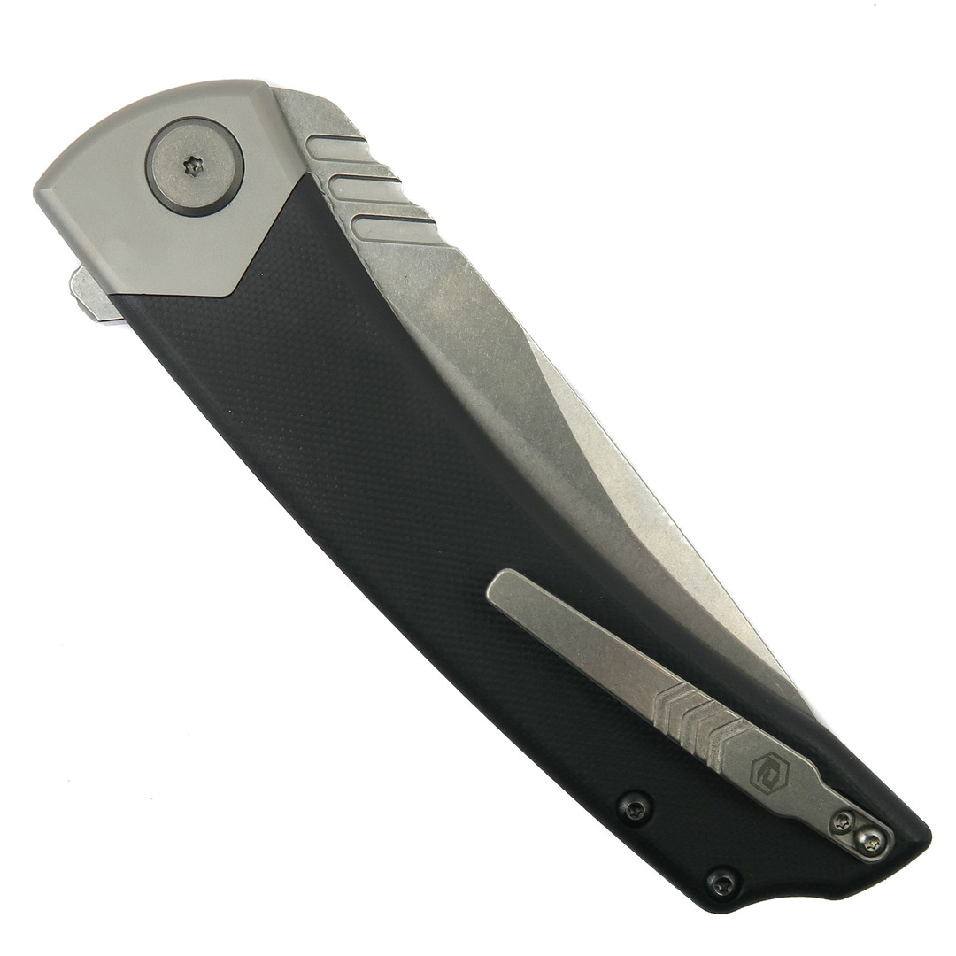 BRS E-Volve Black Khopesh Flipper Knife, Stonewash Blade, Clip View