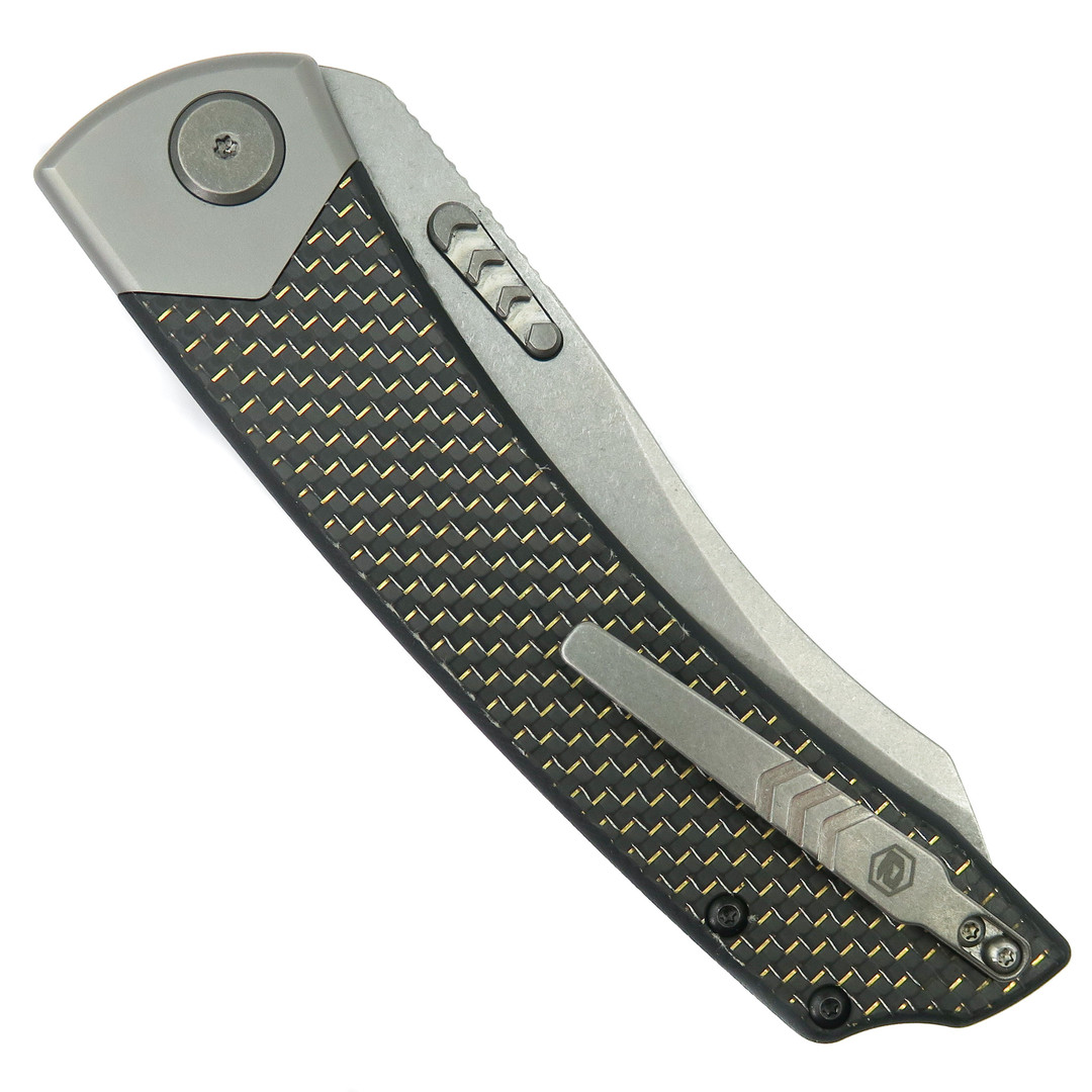 BRS E-Volve Gold Lightning Khopesh Thumb Stud Folder Knife, Stonewash Blade, clip view